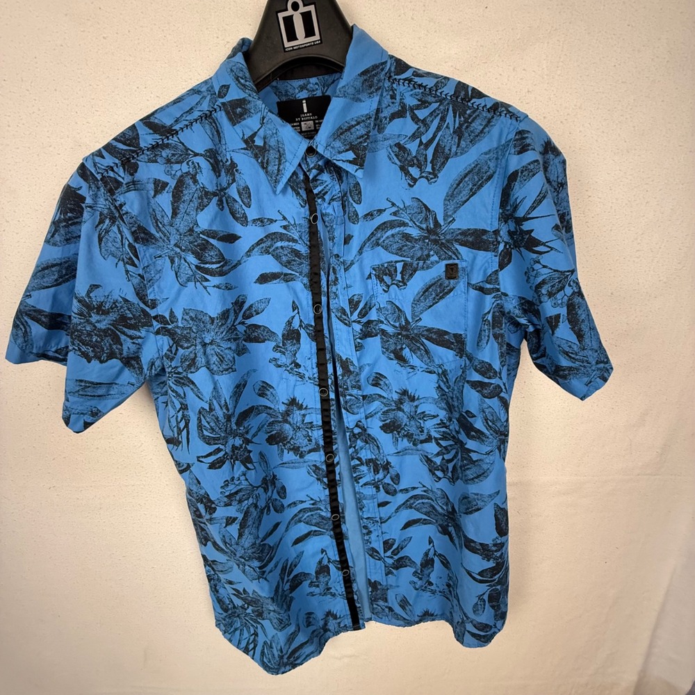 I Jeans‎ by Buffalo Shirt Mens M Blue Floral Leaf Print Short Sleeve Button Up